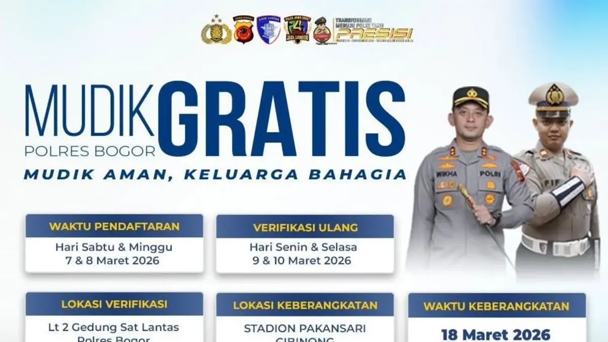 Polres Bogor membuka pendaftaran mudik gratis Lebaran 2026 pada 7?8 Maret 2026, ini link untuk mendaftar.(Instagram @satlantaspolresbogor.tmc.)