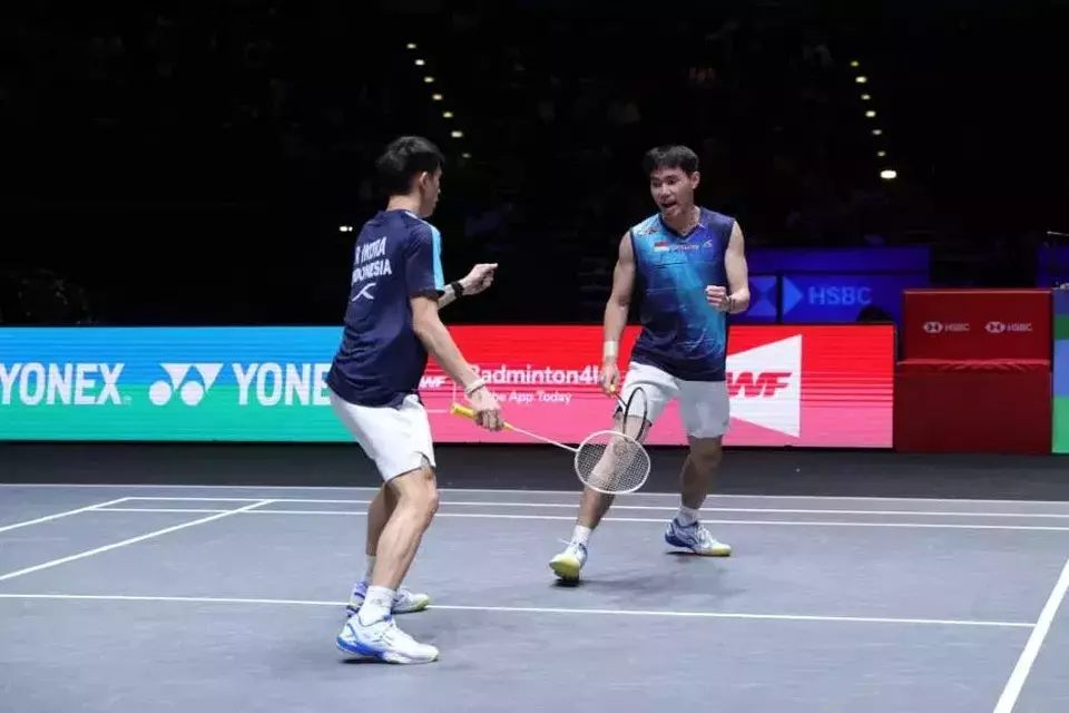 Raymond Indra/Nikolaus Joaquin di All England 2026. (Beritasatu.com/Humas PP PBSI)
