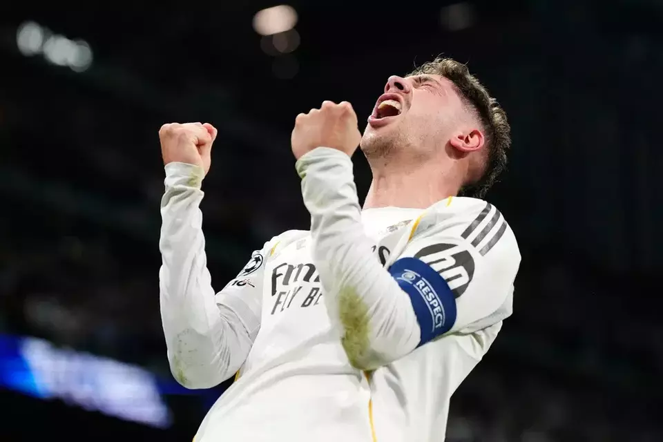 Federico Valverde hat-trick ke gawang Manchester City. (AP Photo/Jose Breton)