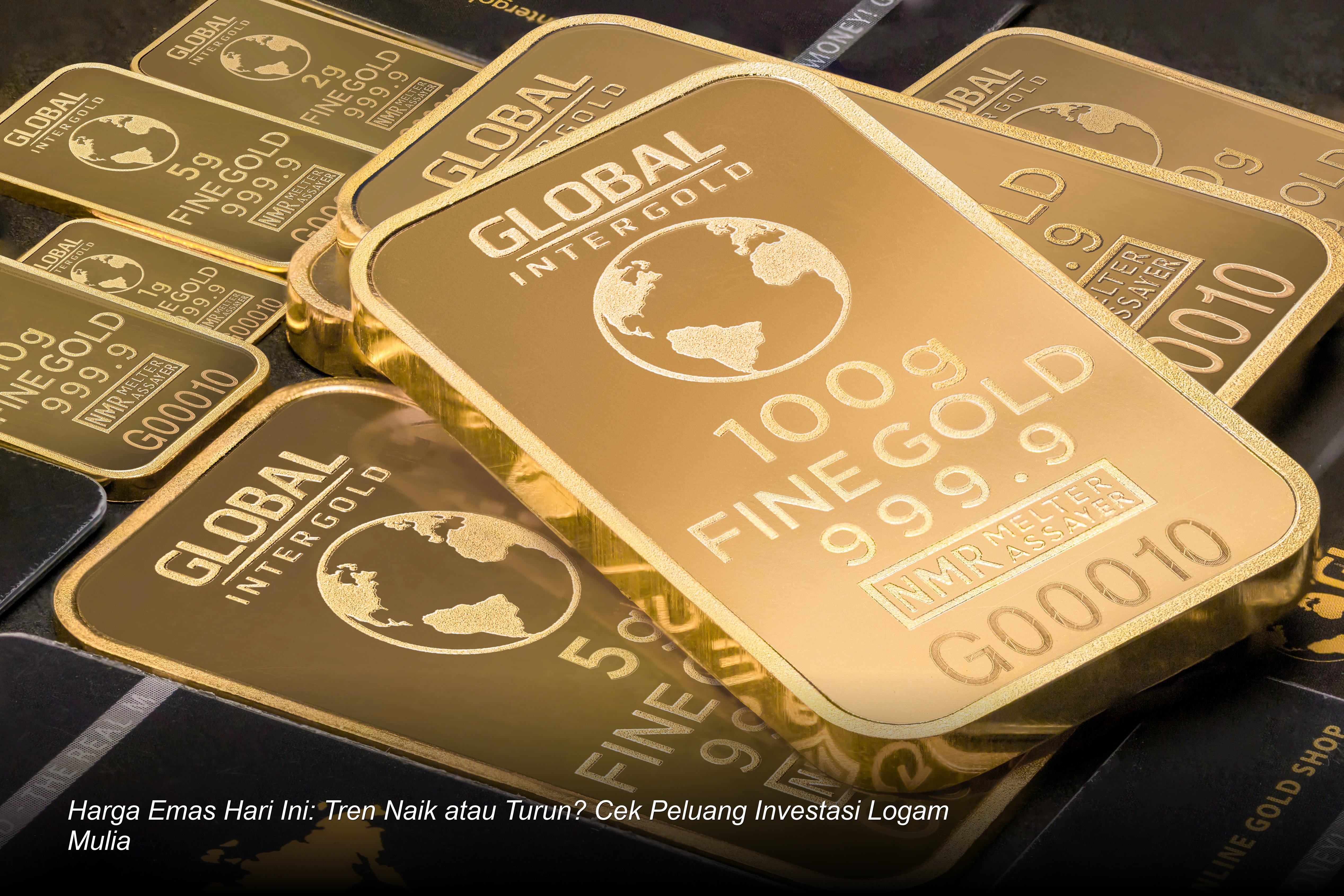 Emas batangan murni bersinar di atas grafik pergerakan harga logam mulia yang sedang tren naik.
