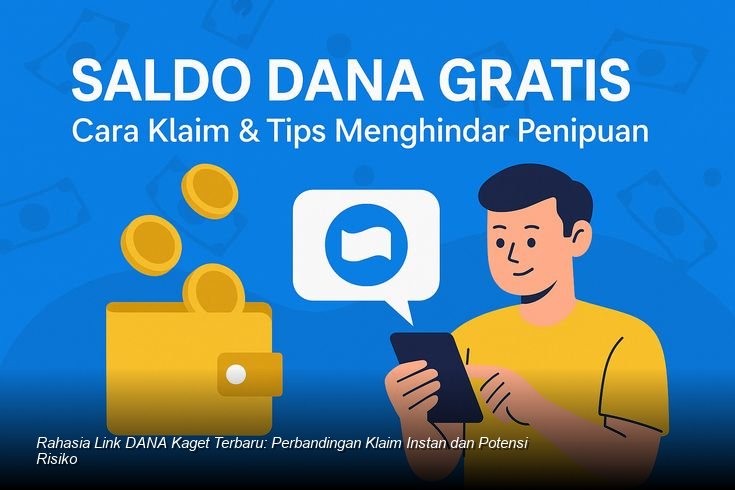 Ilustrasi layar ponsel menampilkan notifikasi klaim DANA Kaget yang bersebelahan dengan ikon peringatan keamanan.