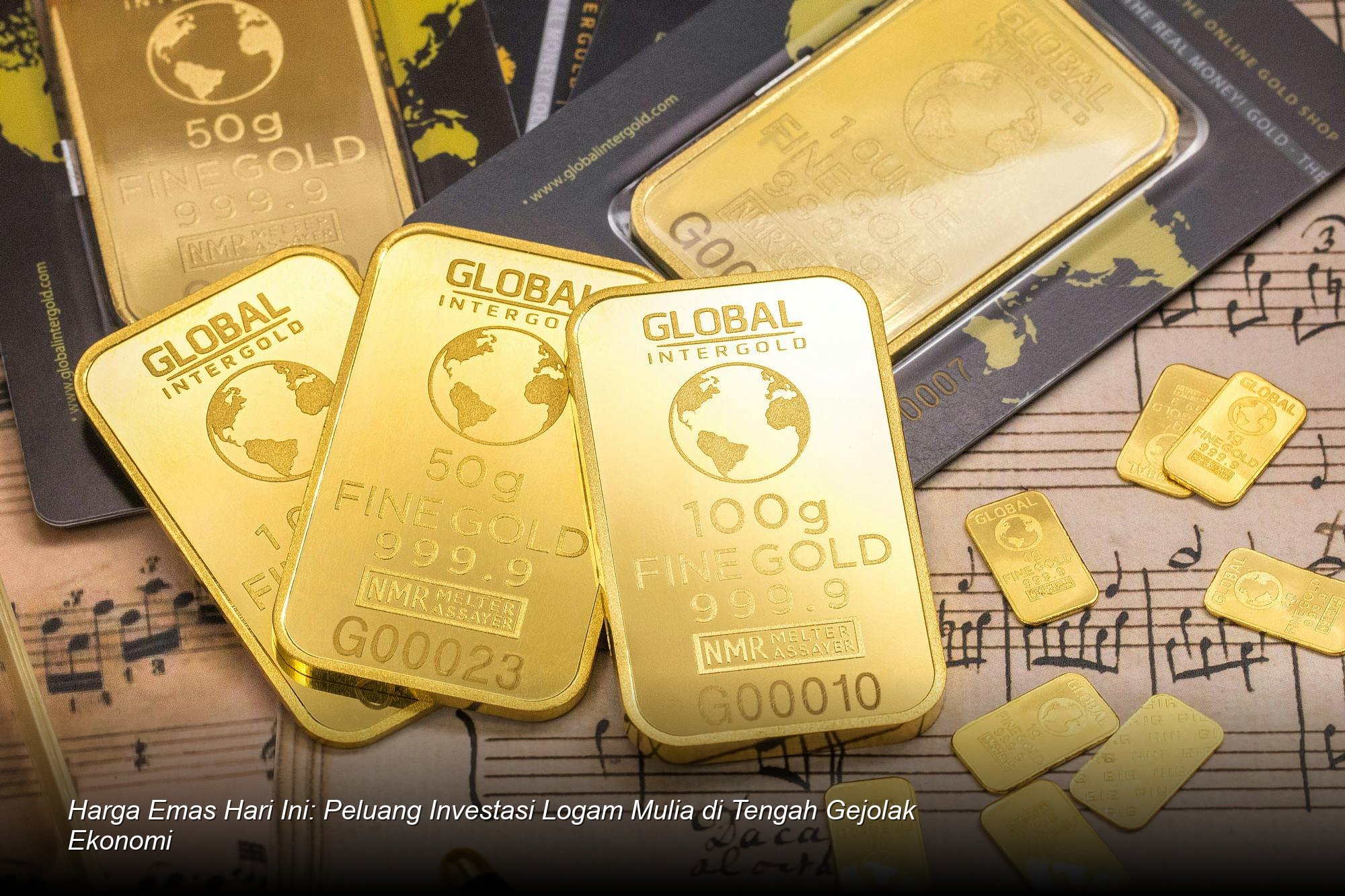Emas batangan berkilau dengan logo Logam Mulia di atas grafik harga yang menunjukkan tren kenaikan moderat.