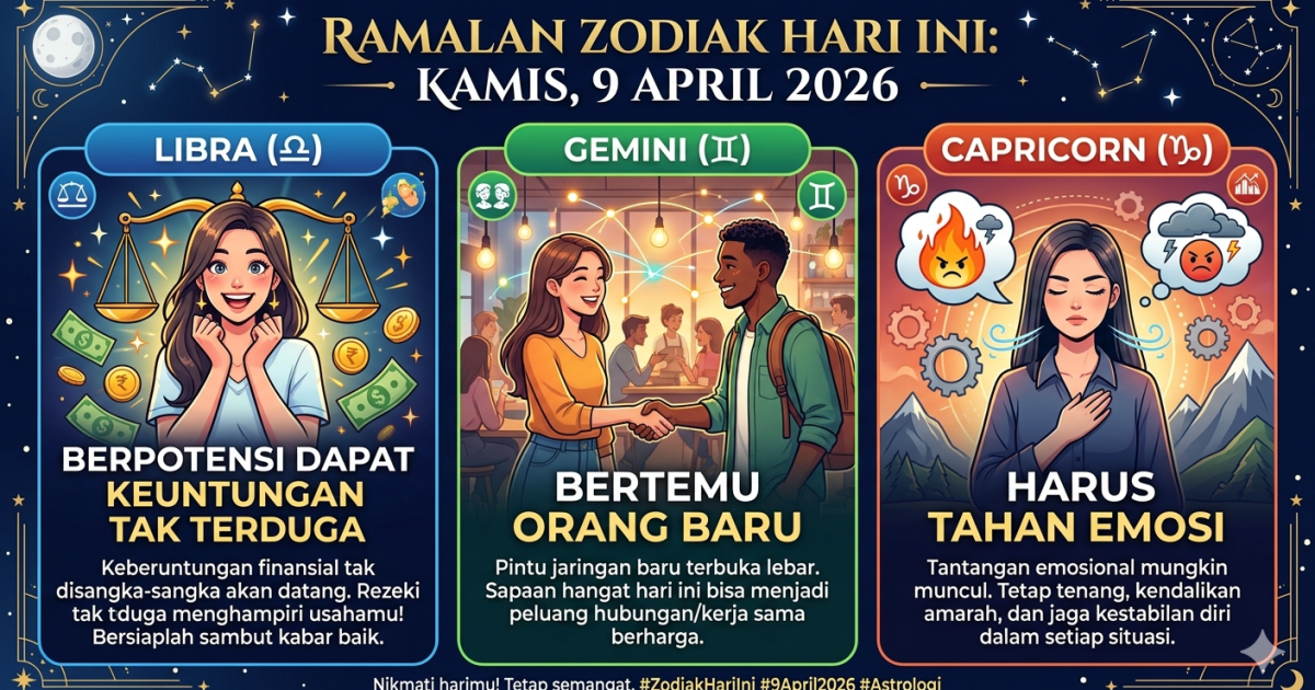 Ilustrasi Ramalan zodiak hari ini Kamis 9 April 2026 (Gemini / Dayfri Bisnis Market)