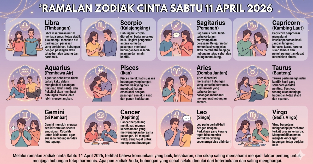 Ilustrasi ramalan zodiak cinta besok Sabtu 11 April 2026 (foto: Gemini/Dayfri Bisnis Market)