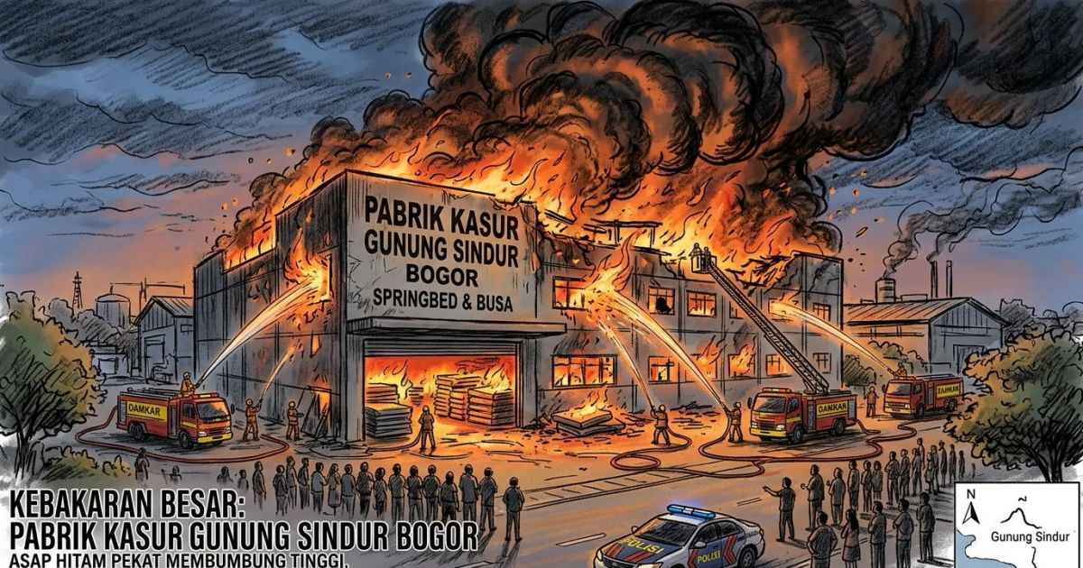 Ilustrasi Kebakaran terjadi di sebuah pabrik kasur di Kecamatan Gunung Sindur, Kabupaten Bogor, Sabtu, 11 April 2026. (Gemini/Dayfri Bisnis Market)