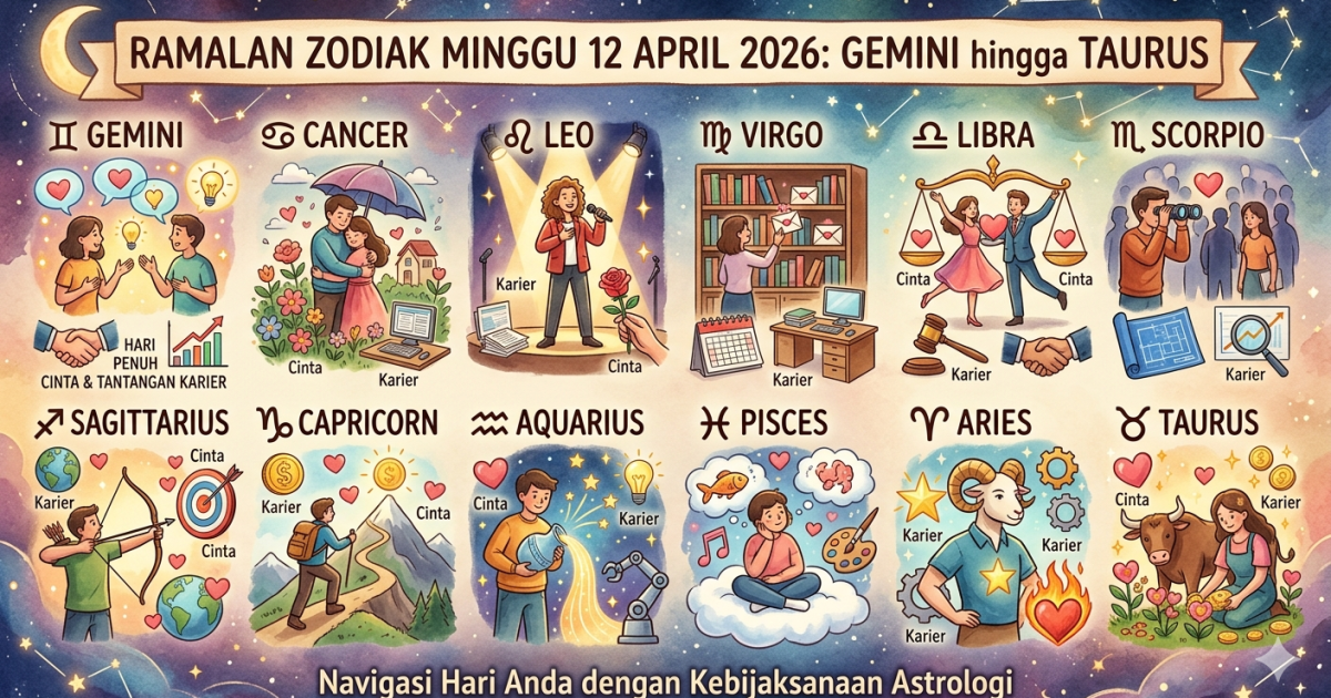 Ilustrasi ramalan zodiak Minggu 12 April 2026. (Foto: Gemini / Dayfri)