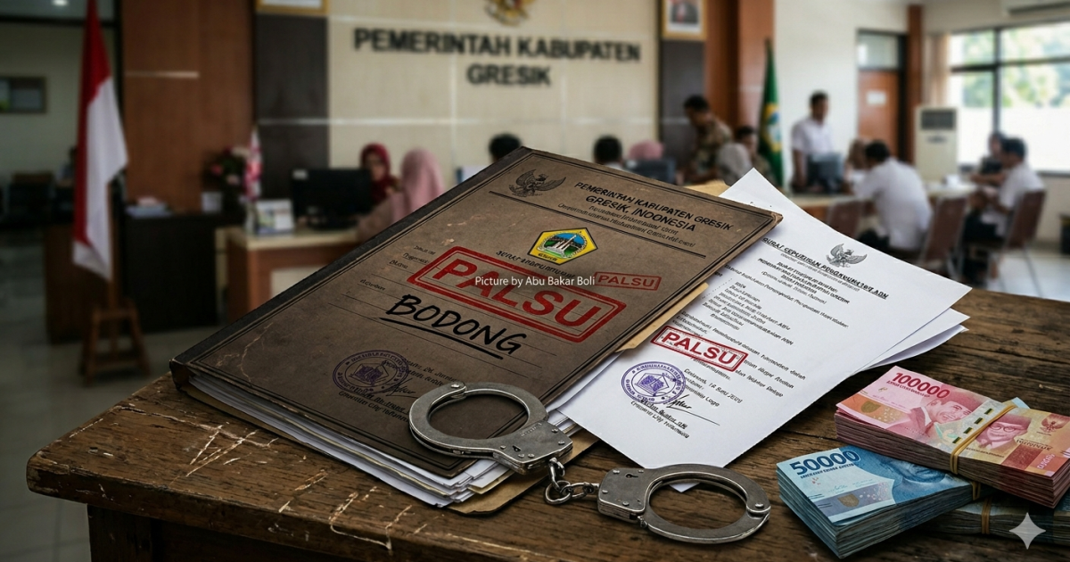 Ilustrasi Barang bukti SK ASN palsu di Gresik dan setumpuk uang rupiah, mengungkap kasus penipuan rekrutmen. (Foto Gemini/Abu Bakar Boli)