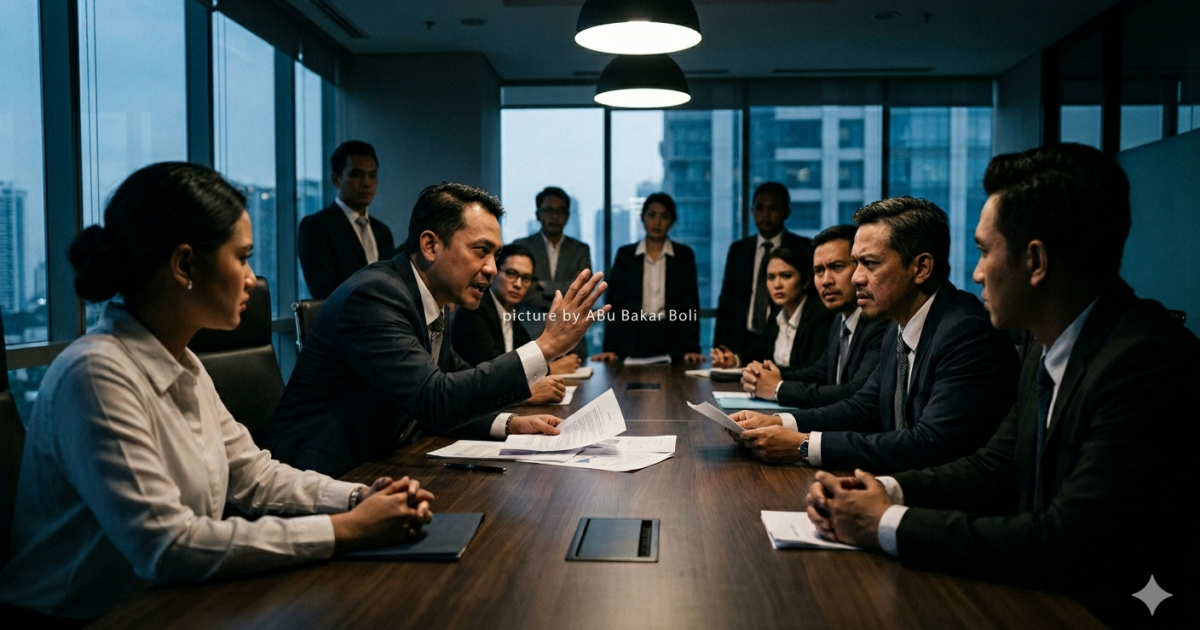 Ilustrasi suasana tegang diskusi bisnis di ruang rapat dengan latar pemandangan kota malam hari yang modern. (Gemini / Abu Bakar Boli)