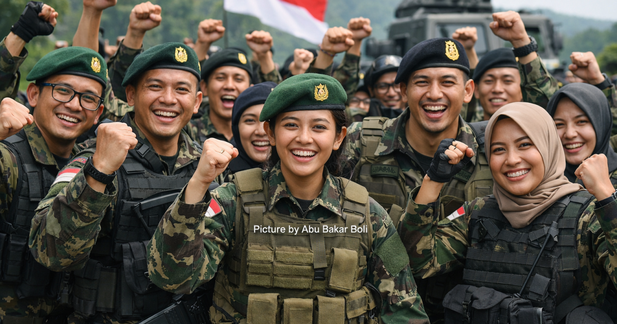Ilustrasi semangat ASN Komcad yang lolos seleksi awal, tampil percaya diri dalam balutan seragam militer, mencerminkan kesiapan bela negara dan jiwa patriotisme tinggi (AI/ Abu Bakar Boli)
