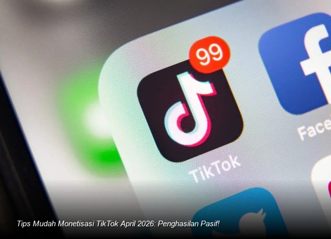 Ilustrasi smartphone menampilkan antarmuka TikTok dengan notifikasi pop-up yang menunjukkan saldo penghasilan yang bertambah secara signifikan.