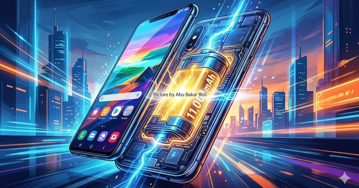 Ilustrasi smartphone futuristik dengan baterai 11.000 mAh yang menyala terang, membelah kota digital berkecepatan tinggi dengan energi listrik yang dinamis dan visual memukau. (AI / Abu Bakar Boli)