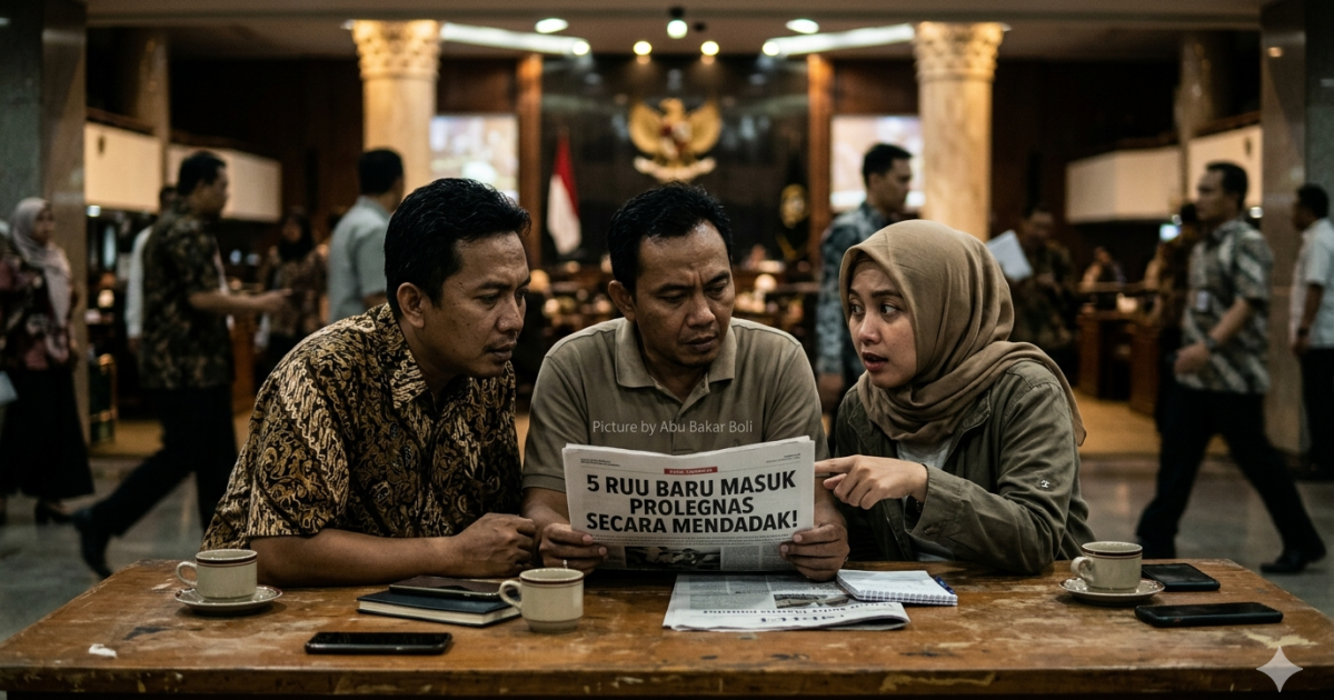 Ilustrasi ekspresi terkejut tiga orang saat membaca berita mendadak tentang 5 RUU baru yang masuk Prolegnas di gedung DPR, memancing rasa penasaran publik. (AI/ Abu Bakar Boli)