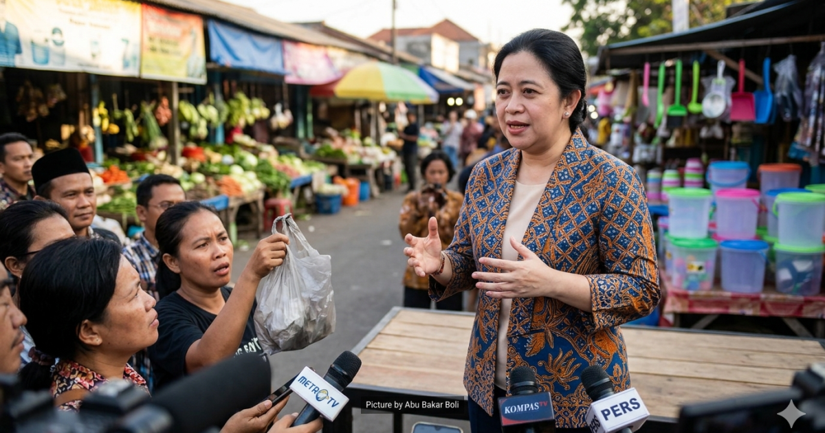 Ilustrasi: Puan Maharani tampak sedang diwawancarai oleh media di sebuah pasar tradisional, menyoroti isu kenaikan harga plastik dan dampaknya bagi masyarakat kecil. (AI/ Abu Bakar Boli)