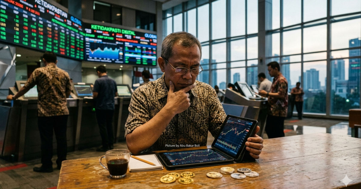 Ilustrasi seorang analis batik mengamati pergerakan pasar saham global dan aset emas di tengah ketidakpastian ekonomi di Indonesia. (AI/ Abu Bakar Boli)
