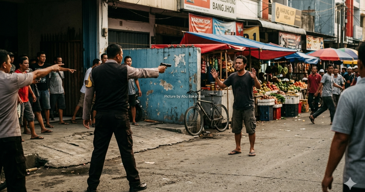 Ilustrasi ketegangan di pasar tradisional saat oknum polisi menodongkan pistol ke arah warga sipil, memicu kepanikan warga di tengah keramaian. (Foto AI/ Abu Bakar Boli)