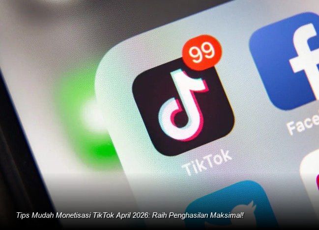 Ilustrasi smartphone menampilkan antarmuka TikTok dengan notifikasi saldo penghasilan yang bertambah besar.