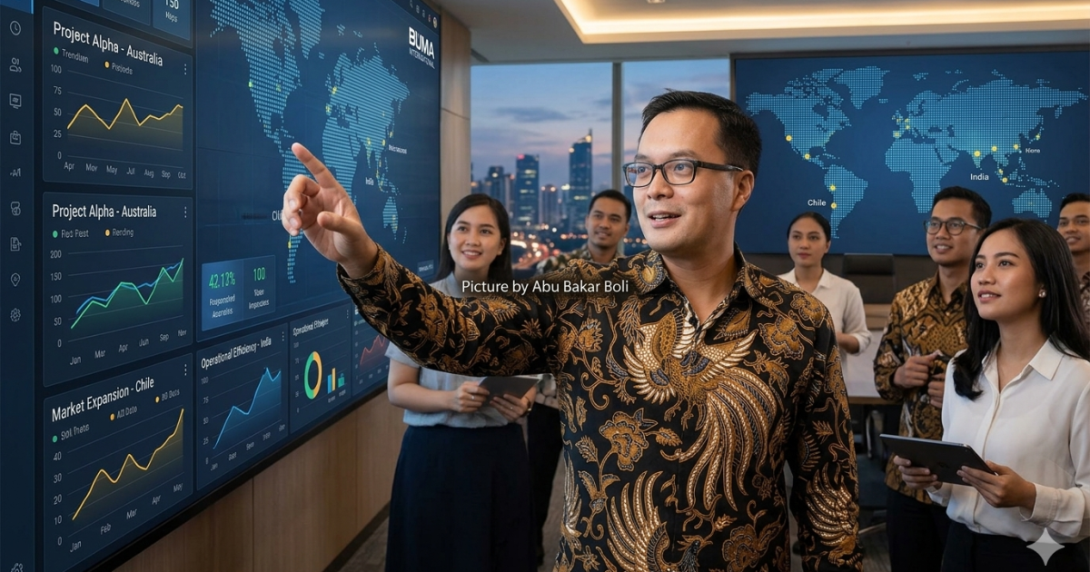 Ilustrasi pemimpin tim Patrick Walujo memaparkan data ekspansi global BUMA International di hadapan timnya dengan penuh semangat, menampilkan visualisasi pasar Australia, Chile, dan India. (Foto AI/ Abu Bakar Boli)