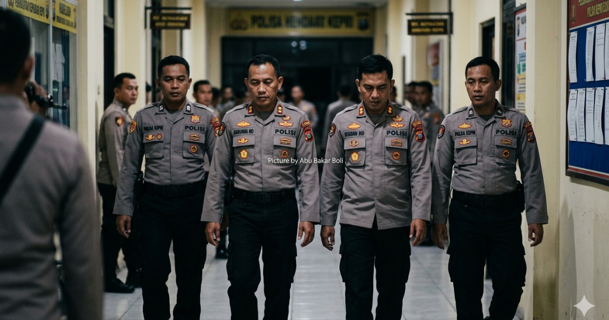 Ilustrasi suasana tegang di koridor Polda Kepri, menampilkan empat oknum polisi yang berjalan dengan raut muka tegang usai ditetapkan sebagai tersangka. (Foto AI/ Abu Bakar Boli)