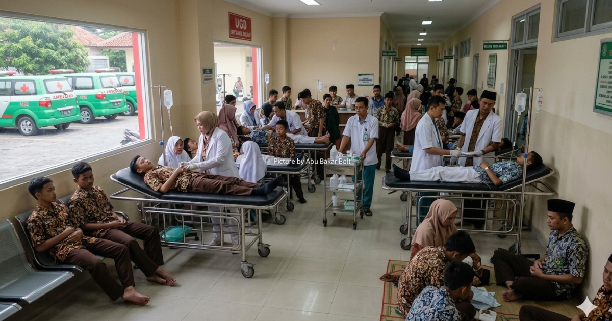 Ilustrasi situasi darurat di sebuah puskesmas yang mendadak dipenuhi puluhan santri yang tampak sakit, diduga akibat keracunan massal setelah mengonsumsi makanan. (Foto AI/ Abu Bakar Boli)