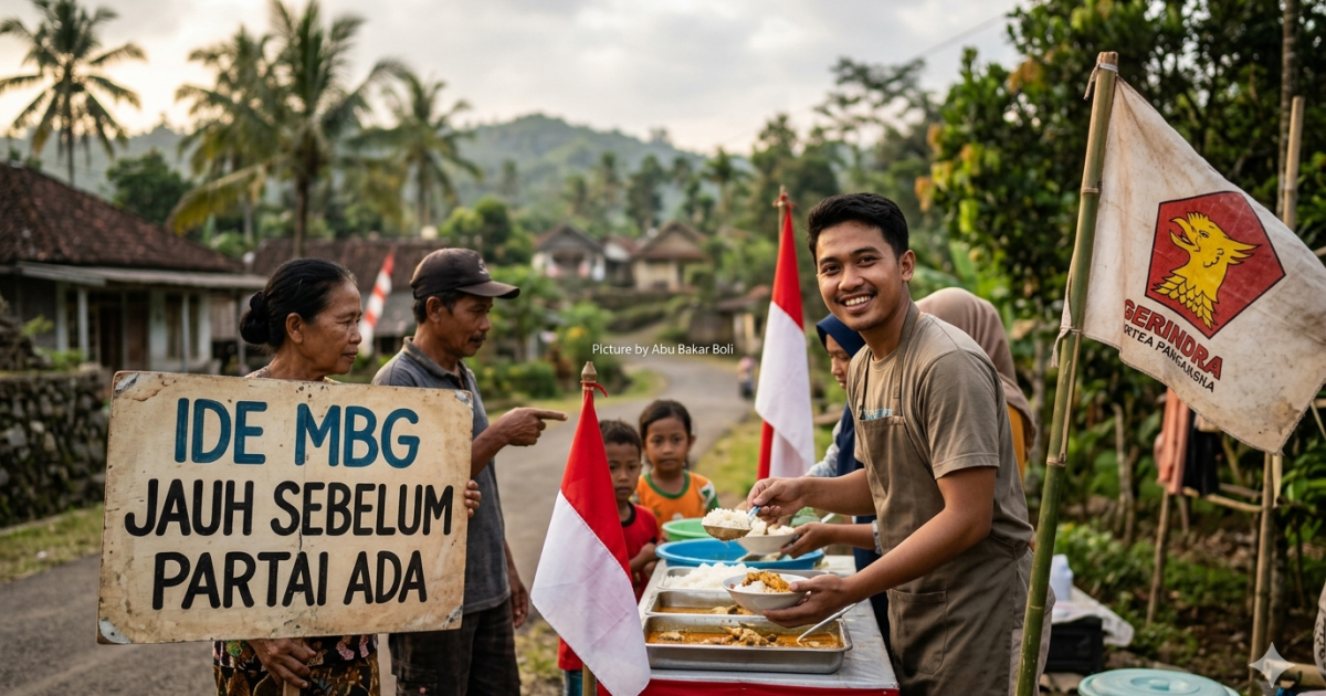 Ilustrasi warga desa merayakan kebersamaan lewat pembagian makanan gratis, didukung simbol semangat dan kepedulian. (Foto AI/ Abu Bakar Boli)