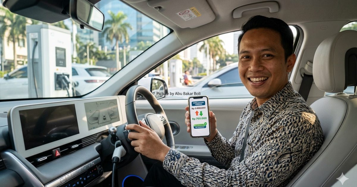 Ilustrasi seorang pria tersenyum bahagia dalam mobil listrik saat sedang mengisi daya, sembari memamerkan simulasi tarif pajak yang terjangkau lewat gawai di tangannya. (Foto AI / Abu Bakar Boli)