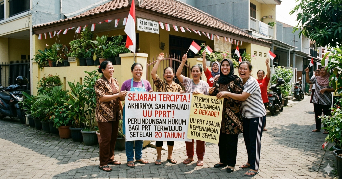 Ilustrasi para pekerja rumah tangga yang bahagia setelah menunggu dua dekade, akhirnya RUU PPRT disahkan menjadi UU. (Foto: Gemini/Dayfri)