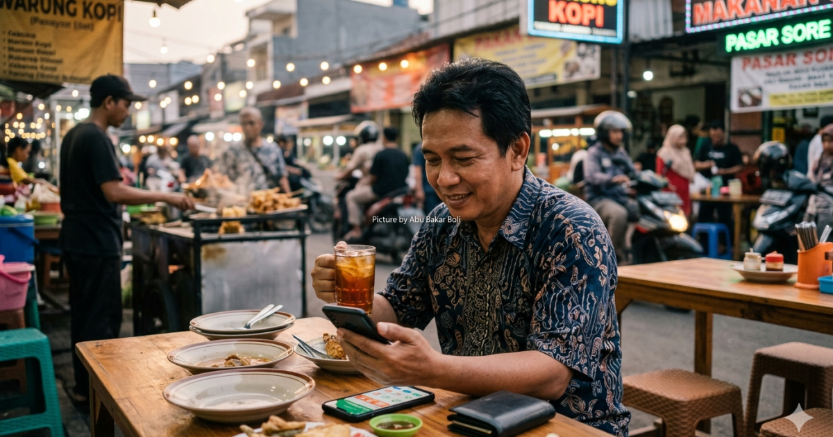 Ilustrasi seorang pria tersenyum ramah kala membaca berita penundaan pajak marketplace saat makan malam di warung pinggir jalan, memegang gelas dan ponsel di tangan yang lain. (Foto AI/ Abu Bakar Boli)