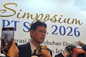 Menteri Keuangan Purbaya Yudhi Sadewa usai acara Simposium PT SMI 2026 di Jakarta, Rabu (22/4/20260).(KOMPAS.com/DEBRINATA RIZKY)