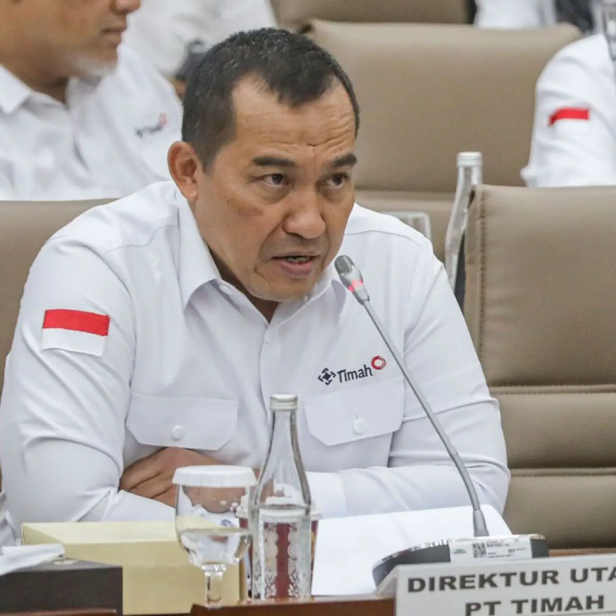 Direktur Utama PT Timah Tbk. (TINS) Restu Widiyantoro mengikuti Rapat Dengar Pendapat (RDP) dengan Komisi VI DPR di Kompleks Parlemen, Senayan, Jakarta, Selasa (31/3/2026)./Bisnis-Eusebio Chrysnamurti