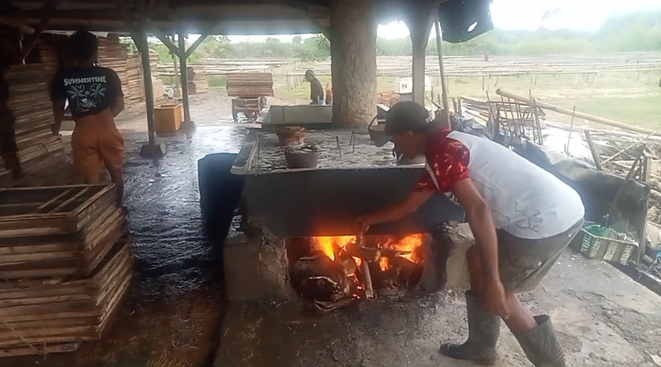 Perajin ikan asin rebus di Subang, Jawa Barat, memilih kayu bakar sebagai solusi pengganti LPG nonsubsidi yang mengalami kenaikan harga. (Beritasatu.com/Elan Suherlan)