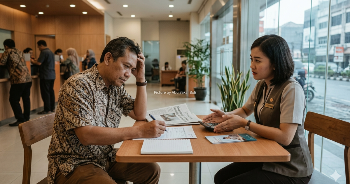 Ilustrasi seorang pria batik yang tampak bingung dan bimbang saat berdiskusi mengenai administrasi perbankan dengan seorang petugas wanita di sebuah lobi bank yang modern. (Foto AI/ Abu Bakar Boli)