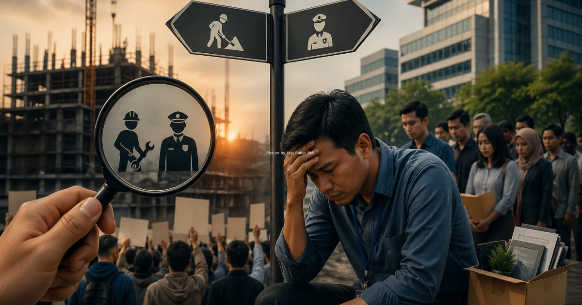 Ilustrasi pekerja gelisah menghadapi ketidakpastian kebijakan outsourcing, ancaman PHK dan pembatasan sektor memicu kecemasan serta protes buruh (Foto AI/ Abu Bakar Boli)