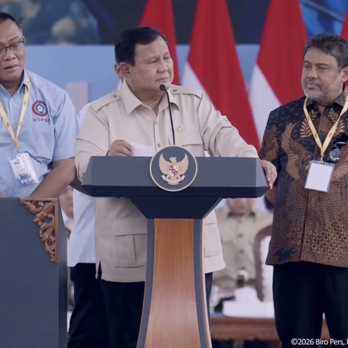 Foto: Prabowo di May Day 2026. (YouTube Setpres)