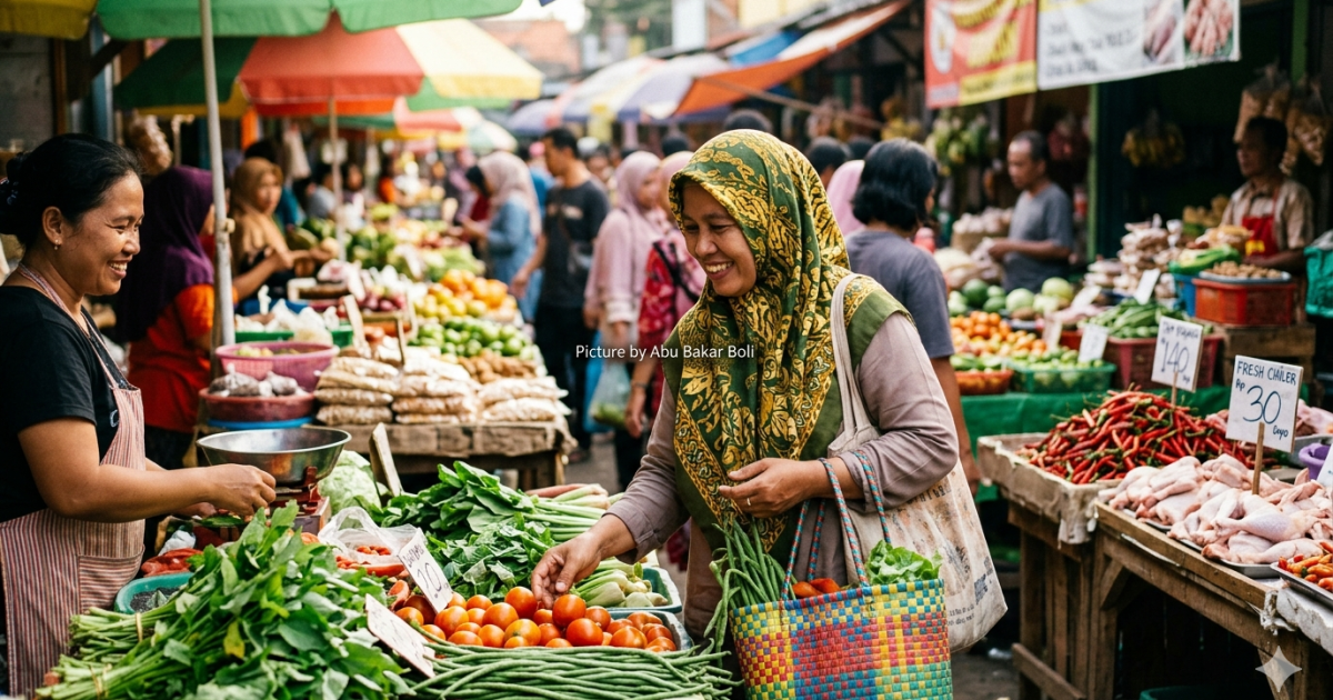 Ilustrasi pasar tradisional yang ramai dengan aktivitas jual beli bahan pangan segar oleh pedagang dan pembeli lokal. (Foto AI/ Abu Bakar Boli)