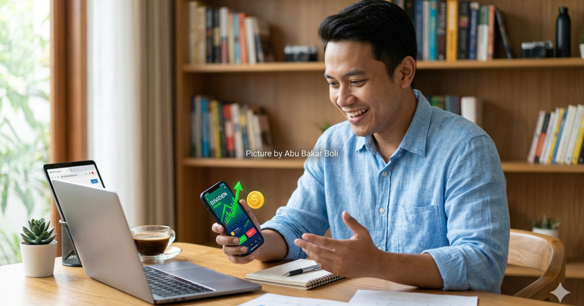 Ilustrasi seorang pria ceria sedang melihat grafik saham yang meningkat di ponselnya, melambangkan keberhasilan mendapatkan dividen. (Foto AI/ Abu Bakar Boli)