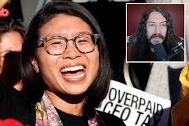 Collage of a woman laughing and a man with long hair and a beard speaking into a microphone.
