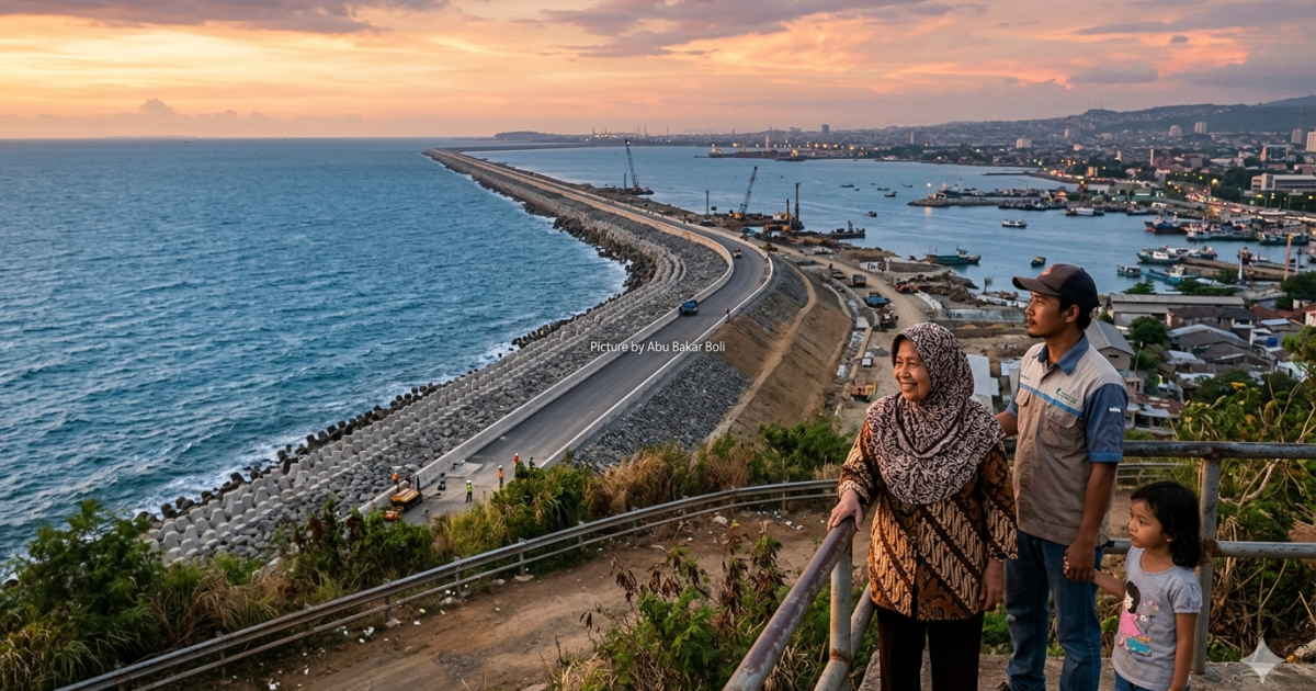 Ilustrasi pembangunan Giant Sea Wall sepanjang 575 KM di pesisir utara Jakarta yang megah dan penuh harapan. (Foto AI/ Abu Bakar Boli)