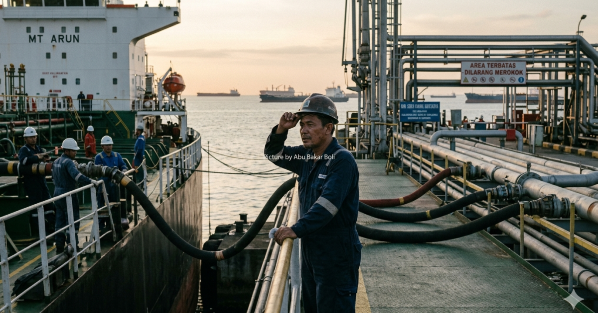 Ilustrasi pekerja pelabuhan memantau bongkar muat kapal tanker migas di ufuk timur, gambarkan dinamika impor energi Indonesia yang vital. (Foto AI/ Abu Bakar Boli)