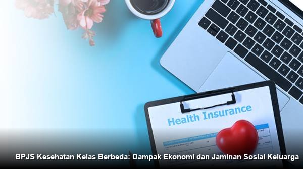 Ilustrasi perbandingan tiga jenis kartu BPJS Kesehatan dengan latar belakang simbol keuangan dan kesehatan.