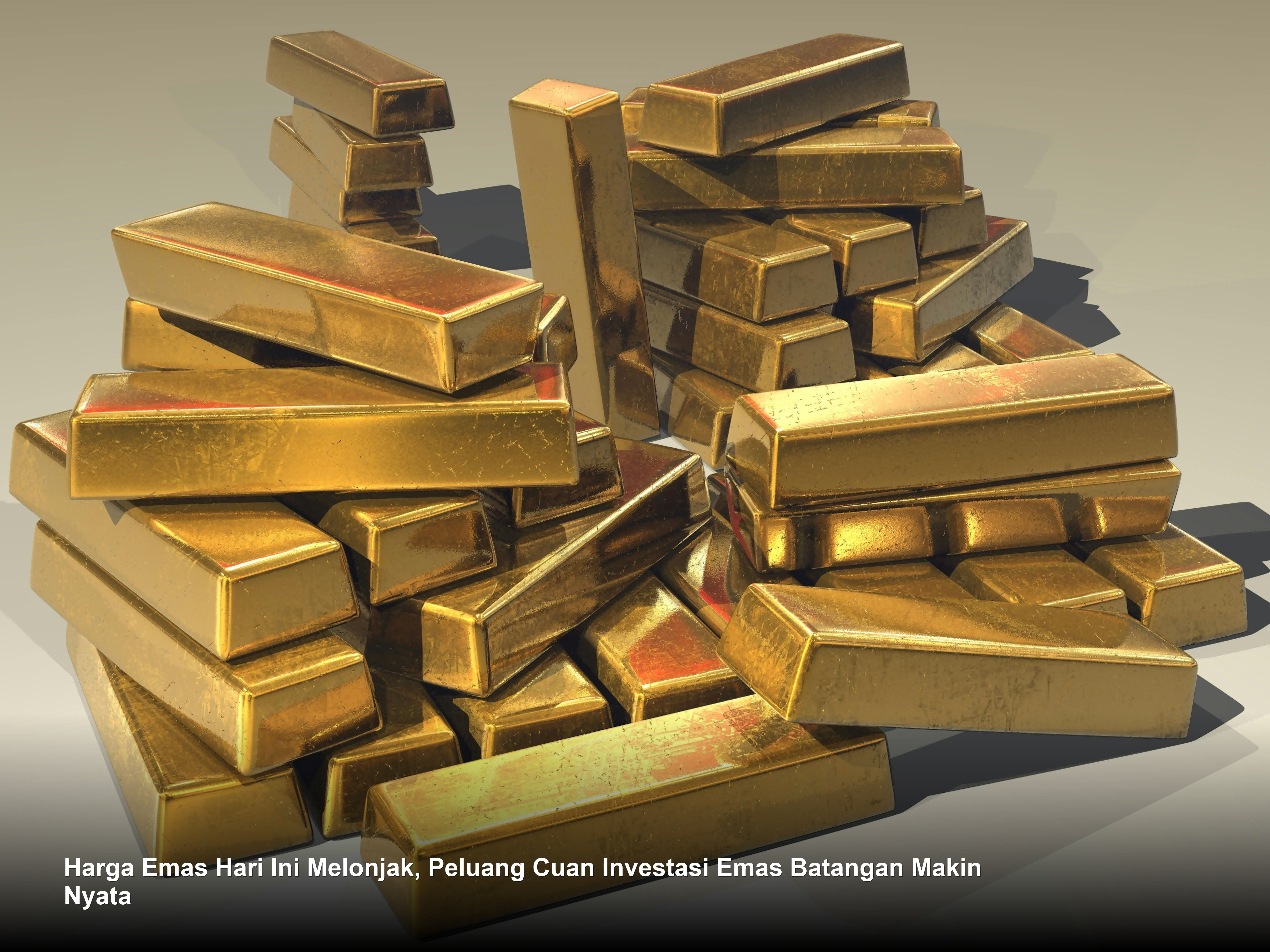 Deretan emas batangan murni berkilau dengan sertifikat resmi di atas meja kayu gelap yang menunjukkan kemewahan dan nilai investasi tinggi.