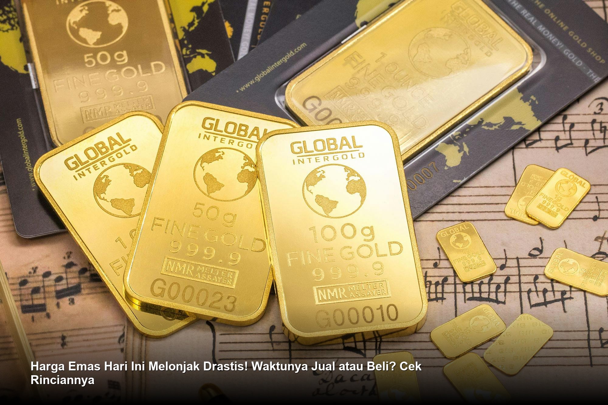 Deretan emas batangan murni yang berkilau di atas meja dengan latar belakang grafik fluktuasi harga pasar global yang sedang meningkat.