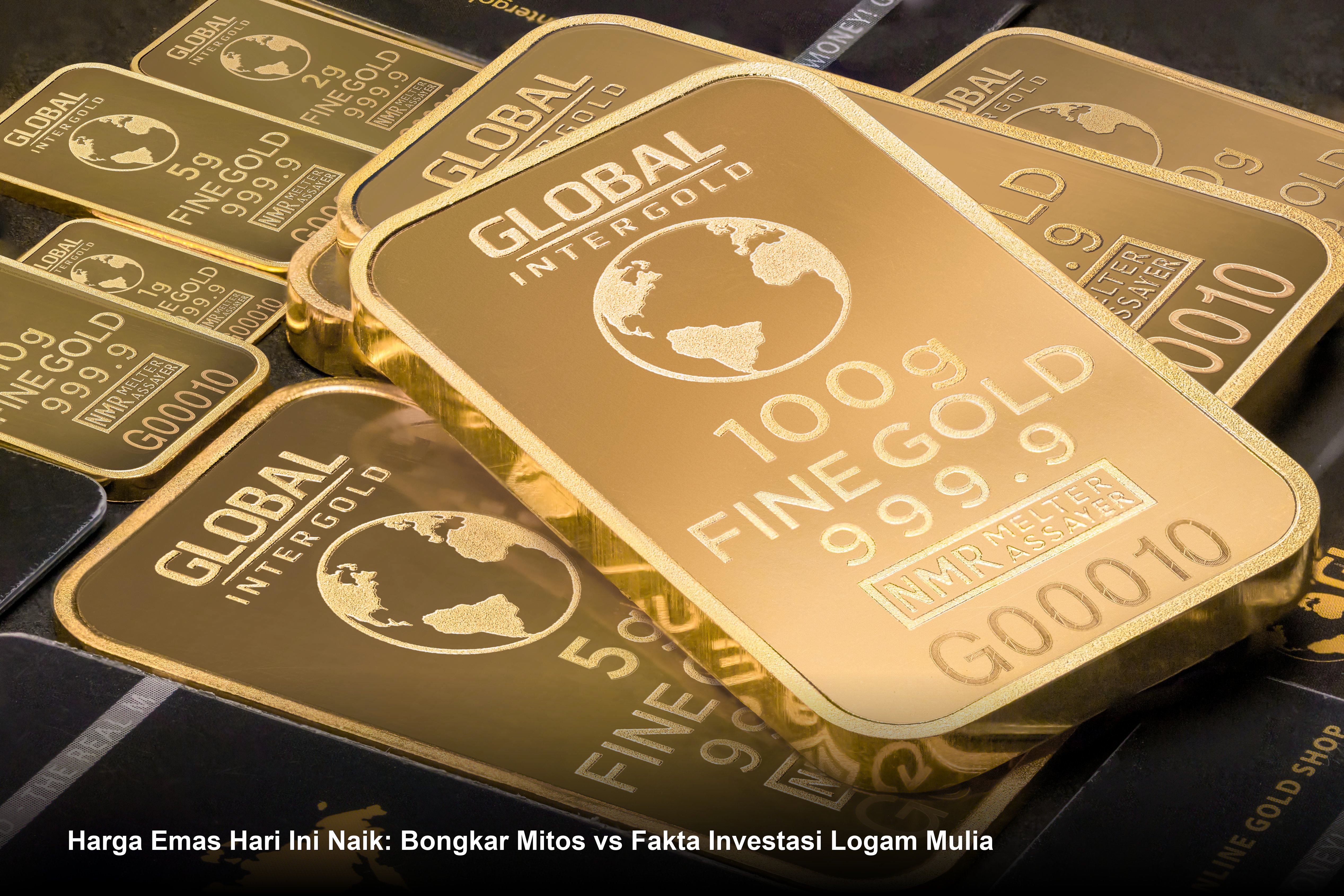 Deretan emas batangan murni yang berkilau di atas meja dengan latar belakang grafik fluktuasi harga pasar yang menunjukkan tren naik.