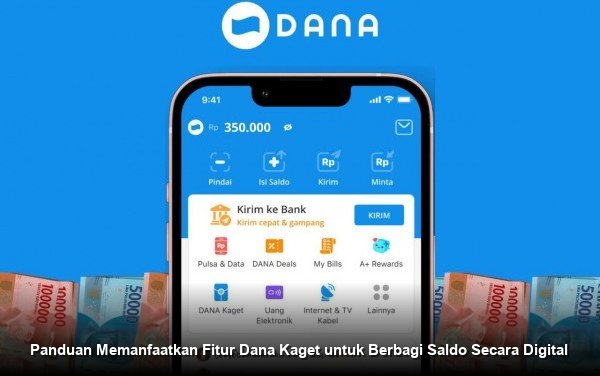 Ilustrasi tangan seseorang yang sedang memegang ponsel pintar menampilkan aplikasi dompet digital dengan ikon fitur berbagi saldo.