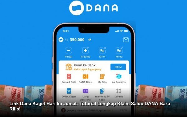 Ilustrasi tangan memegang smartphone dengan notifikasi saldo DANA masuk berwarna merah cerah.
