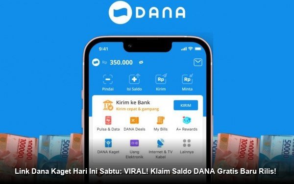 Tangan memegang smartphone dengan notifikasi amplop digital DANA Kaget berwarna merah menyala di layar.