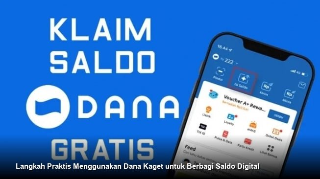 Ilustrasi seseorang yang sedang memegang ponsel pintar dengan tampilan aplikasi dompet digital untuk membagikan saldo.