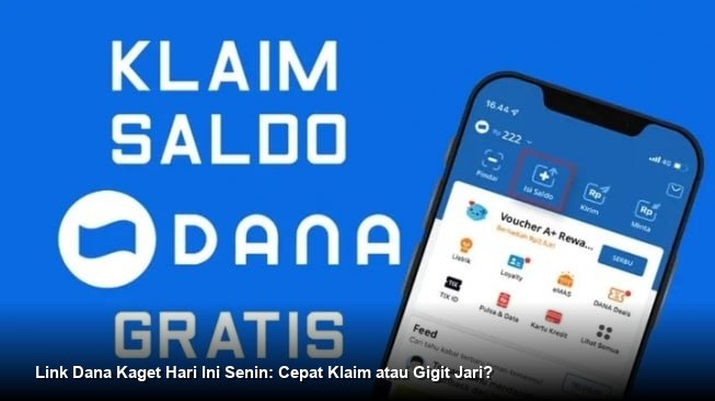 Ilustrasi tangan memegang smartphone dengan notifikasi amplop digital DANA Kaget berwarna merah menyala di layar.