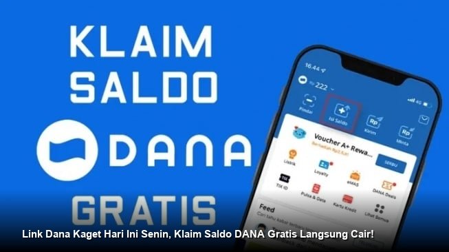 Ilustrasi tangan memegang smartphone dengan notifikasi saldo DANA masuk berwarna merah cerah.