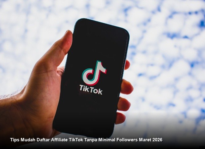 Ilustrasi tangan memegang smartphone yang menampilkan dasbor komisi TikTok Affiliate dengan grafik pendapatan yang terus meningkat di bulan Maret 2026.