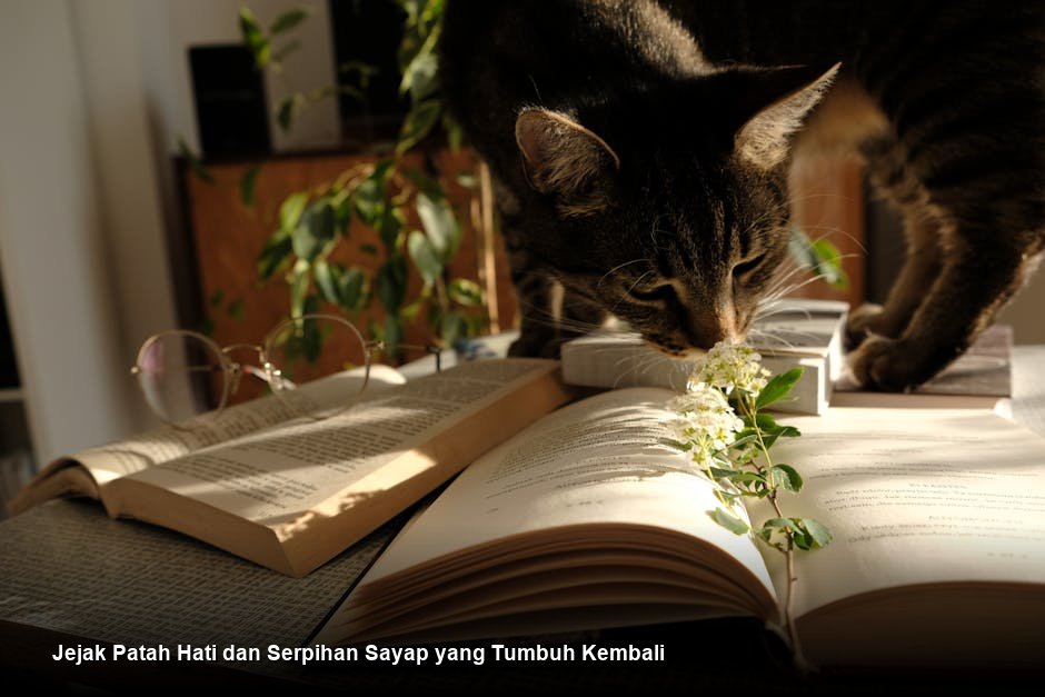 Seorang wanita muda berdiri di teras kayu saat senja, memandang cakrawala dengan ekspresi tenang namun penuh tekad, di sekitarnya ada sisa-sisa hujan yang baru reda.